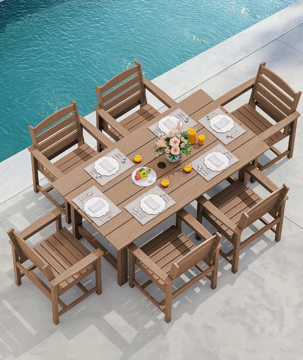 Outdoor HDPE Dining Table Set, 7-Piece Outdoor Dining Table Sets with Umbrella Hole Cut-Out Table and 6 Chairs wourant