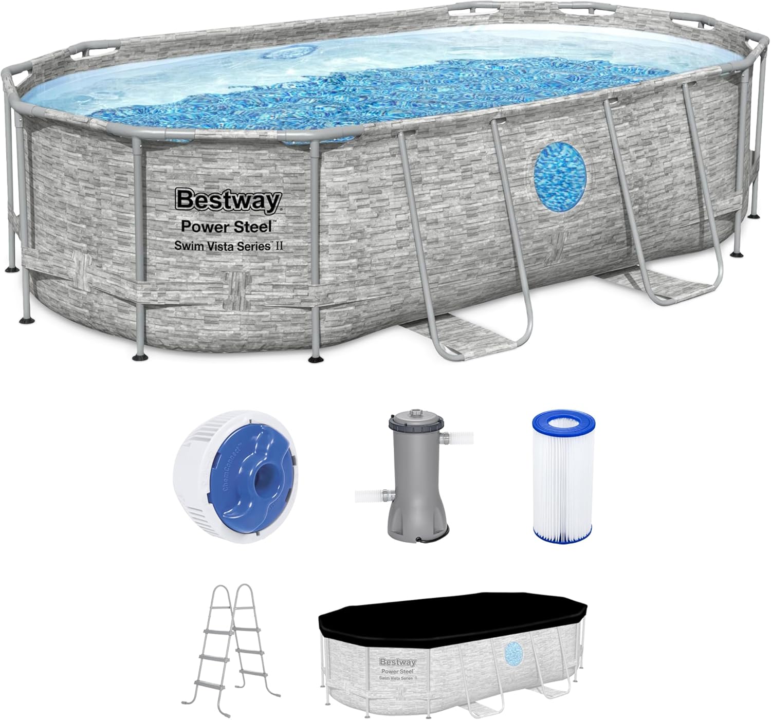 Power Steel Swim Vista Series II 14' x 8' 2" x 39.5" Above Ground Outdoor Swimming Pool Set with 530 GPH Filter Pump, Ladder, and Pool Cover wourant