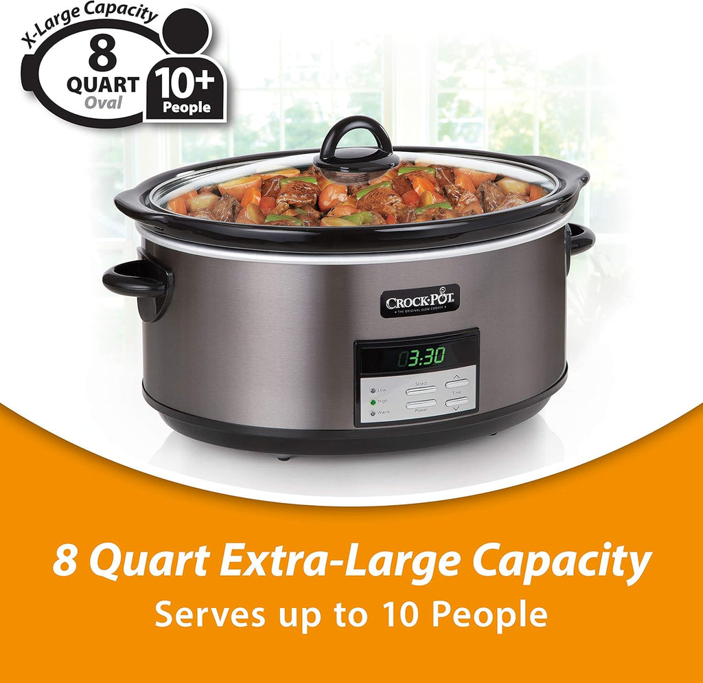 Large 8-Quart Programmable Slow Cooker with Auto Warm Setting Black Stainless Steel wourant