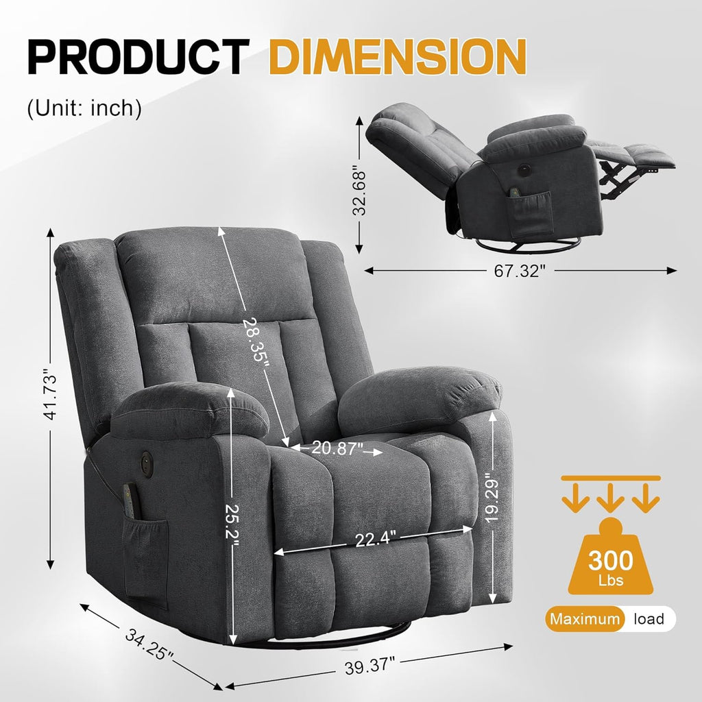 Rocker Recliner, Glider Recliner Chairs for Adults, 360° Swivel Rocking Chair with Massage and Heating, Nursery Chair with Storage and USB Charging for Living Room, Bedroom, Nursery wourant