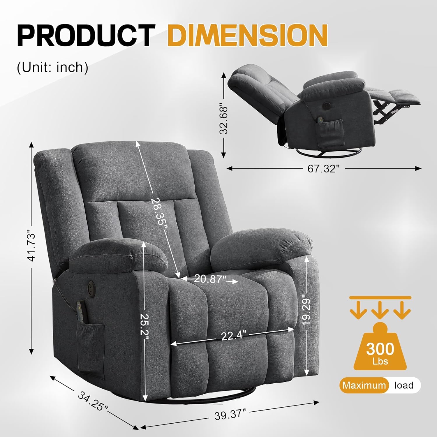 Adult rocking chair, gliding recliner, 360° rotating rocking chair with massage and heating function wourant