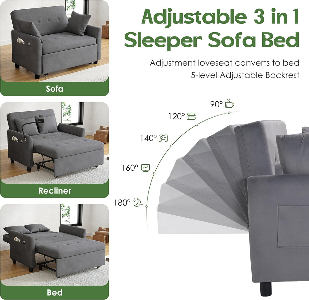Sleeper Sofa Bed, 3 in 1 Convertible Sleeper Couch Bed Pull Out, Small Loveseat Sofa, Futon Sofa Bed Full Size, 46" Velvet Love Seat wourant