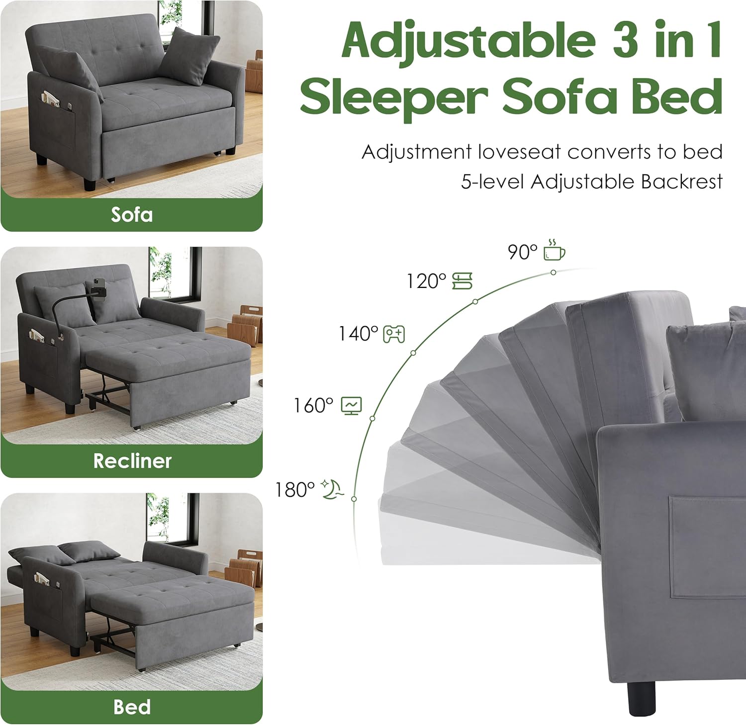 Sleeper Sofa Bed, 3 in 1 Convertible Sleeper Couch Bed Pull Out, Small Loveseat Sofa, Futon Sofa Bed Full Size, 46" Velvet Love Seat wourant