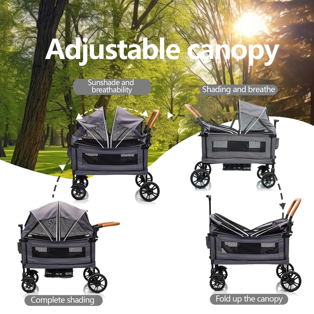 Wagon Stroller for 2 Kids & Cargo-Travel Stroller Push-Pull Double Wagon Lightweight Folding Stroller for Newborn&Toddler with 5-Point Harness,Adjustable Handle Bar and Canopy,Tray Table,Cup Holder wourant