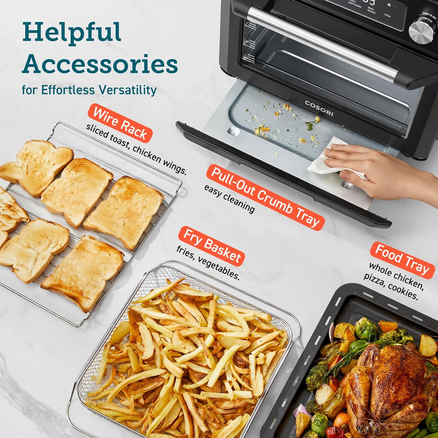 COSORI Smart 12-in-1 Air Fryer Toaster Oven Combo, Airfryer Convection Oven Countertop, Bake, Roast, Reheat, Broiler, Dehydrate, 75 Recipes & 3 Accessories, 26QT, Silver-Stainless Steel wourant