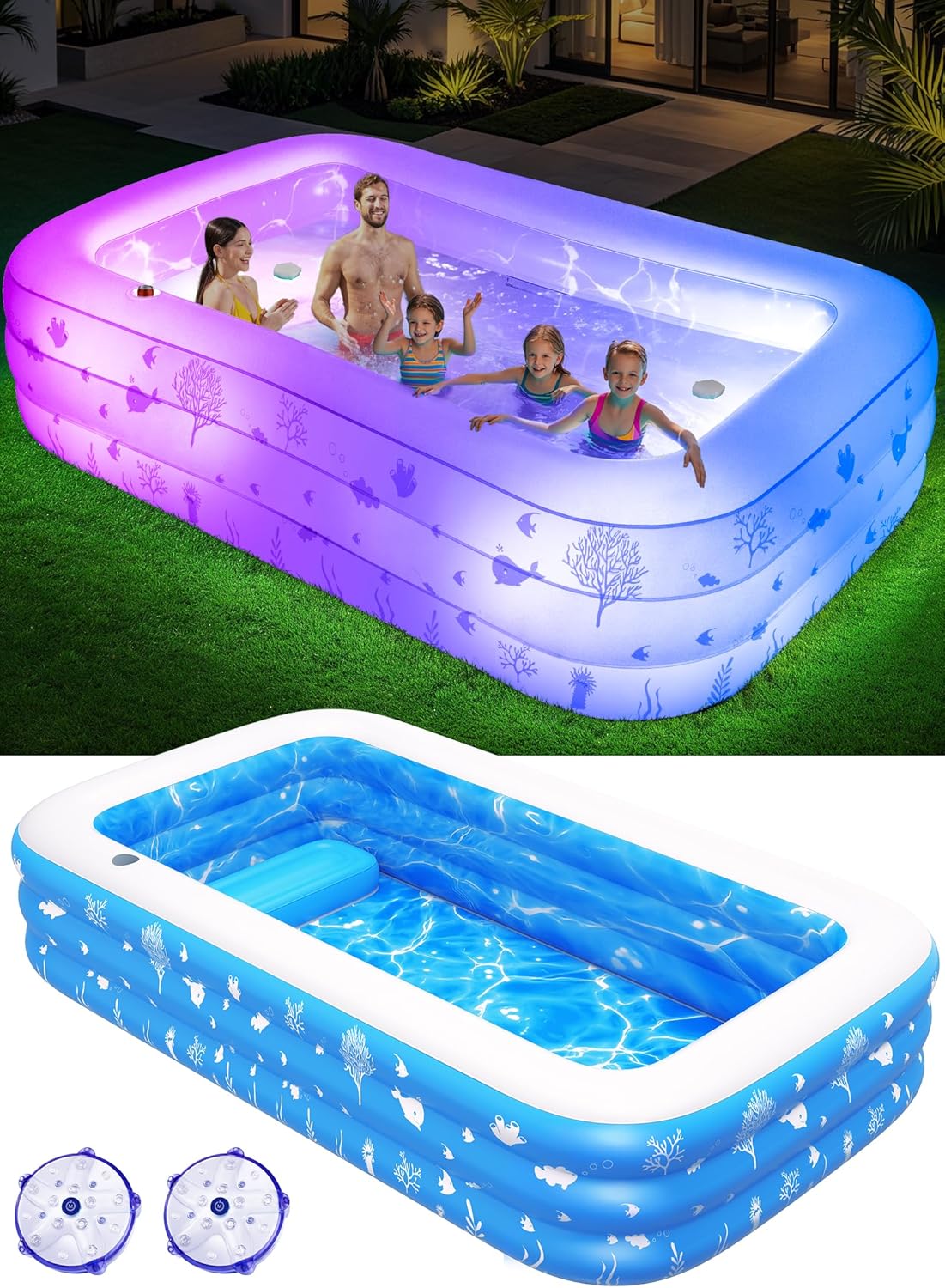 Inflatable Pool with Seat and Pool Lights, Durable Thickened Large Size Family Inflatable Pools for Adults Blow Up Pools,105" x 65" x 25"Swimming Inflatable Kids PooI for Backyard,Outdoor (White) wourant