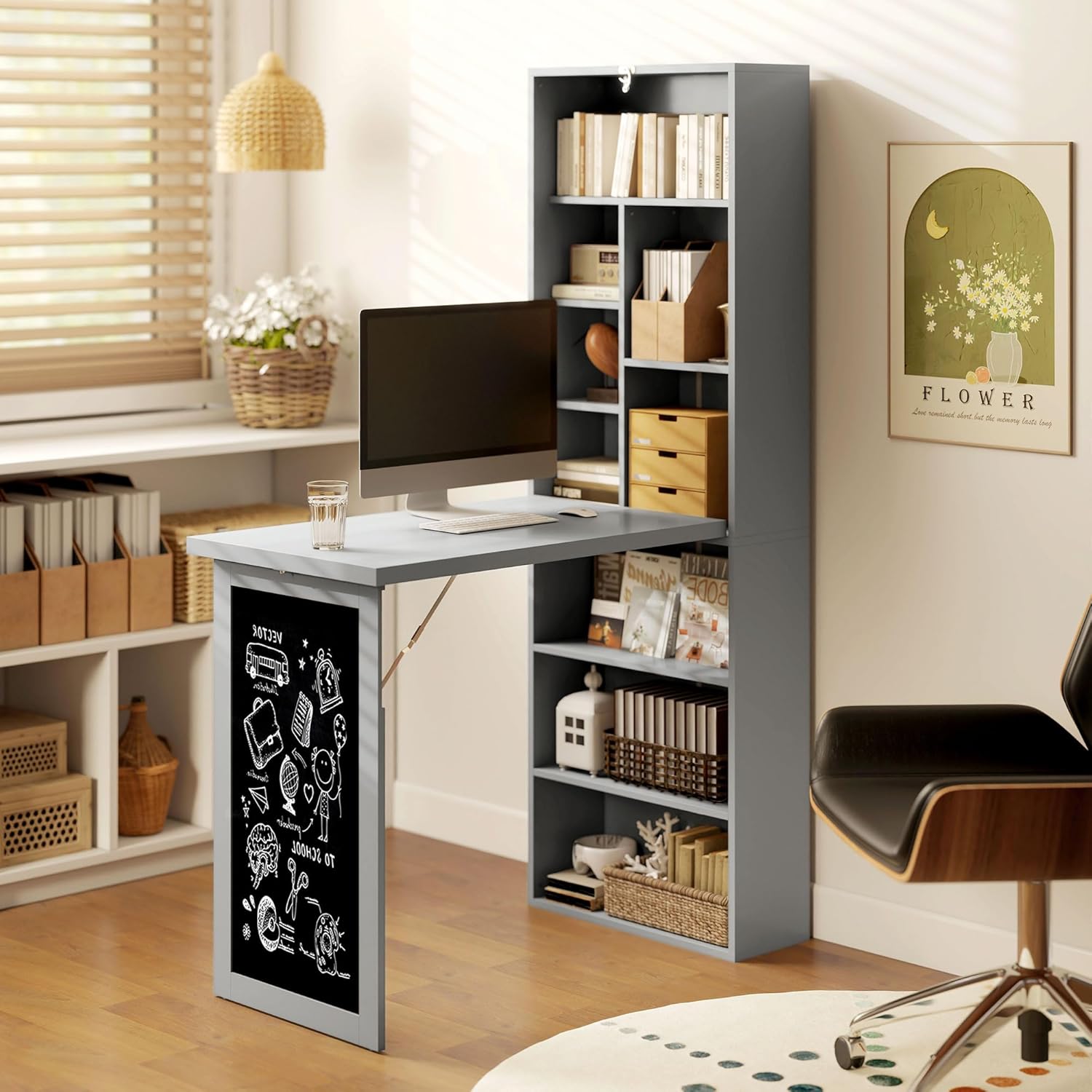 Folding convertible writing desk, wall mounted desk cabinet, multifunctional home office workstation wourant
