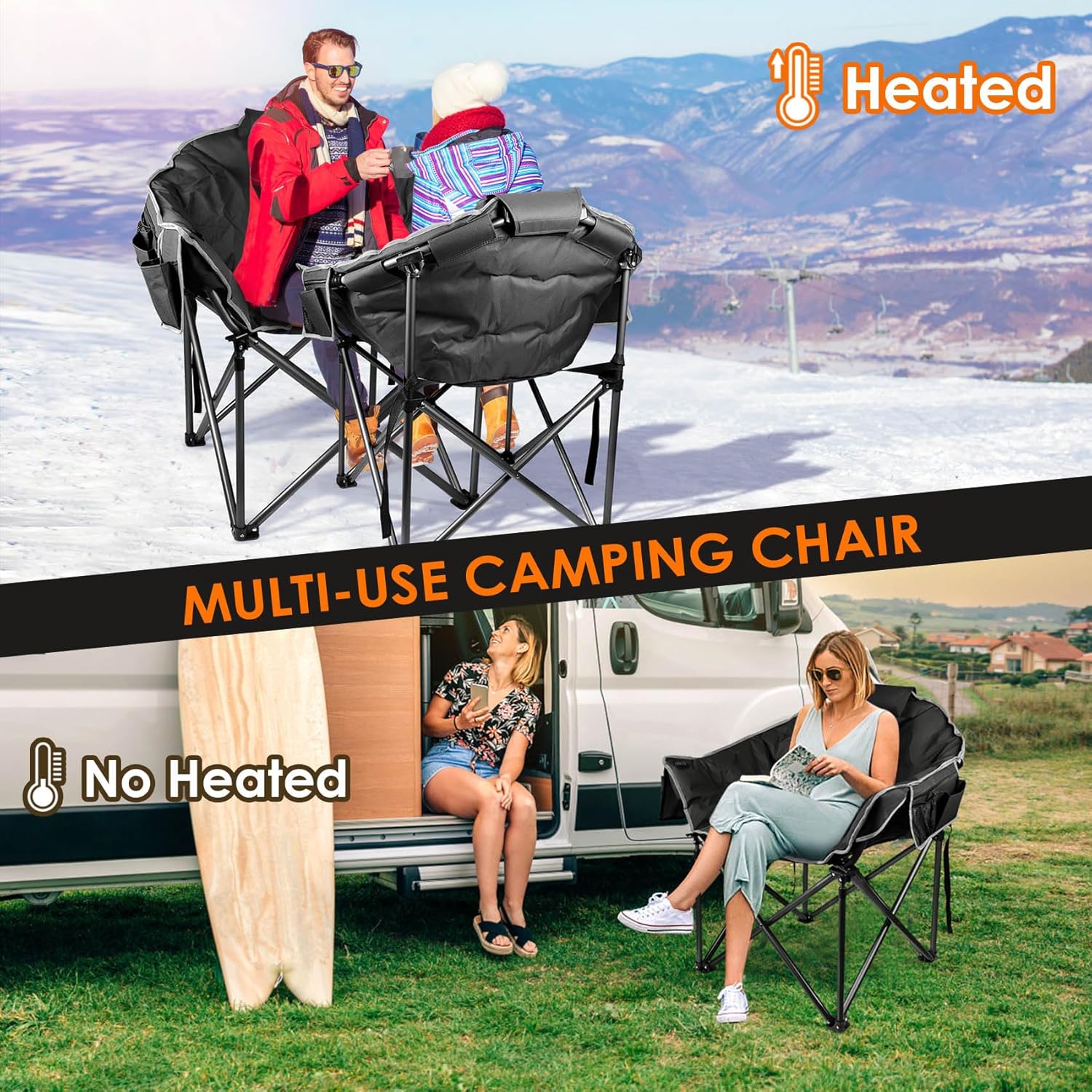 Heated Camping Chair, Extra Large Heated Chair Outdoor Sports Chair with 3 Heat Levels on Back and Seat, Portable Folding Heated Outdoor Chair (Batteries Not Included) wourant