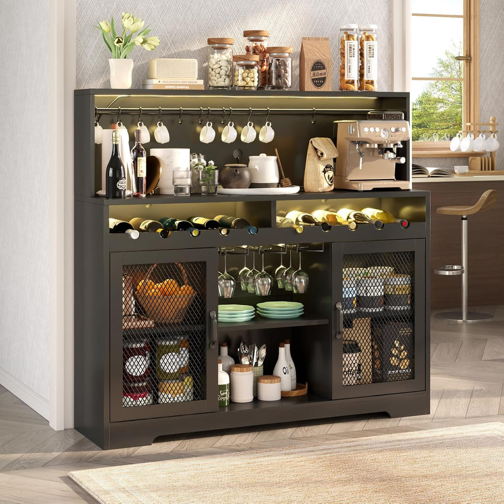 Wine Bar Cabinet with LED Light, Liquor Cabinet with Glass Holder, Coffee Bar for Liquor, Storage Buffet with Wine Racks, Wine Cabinet wourant