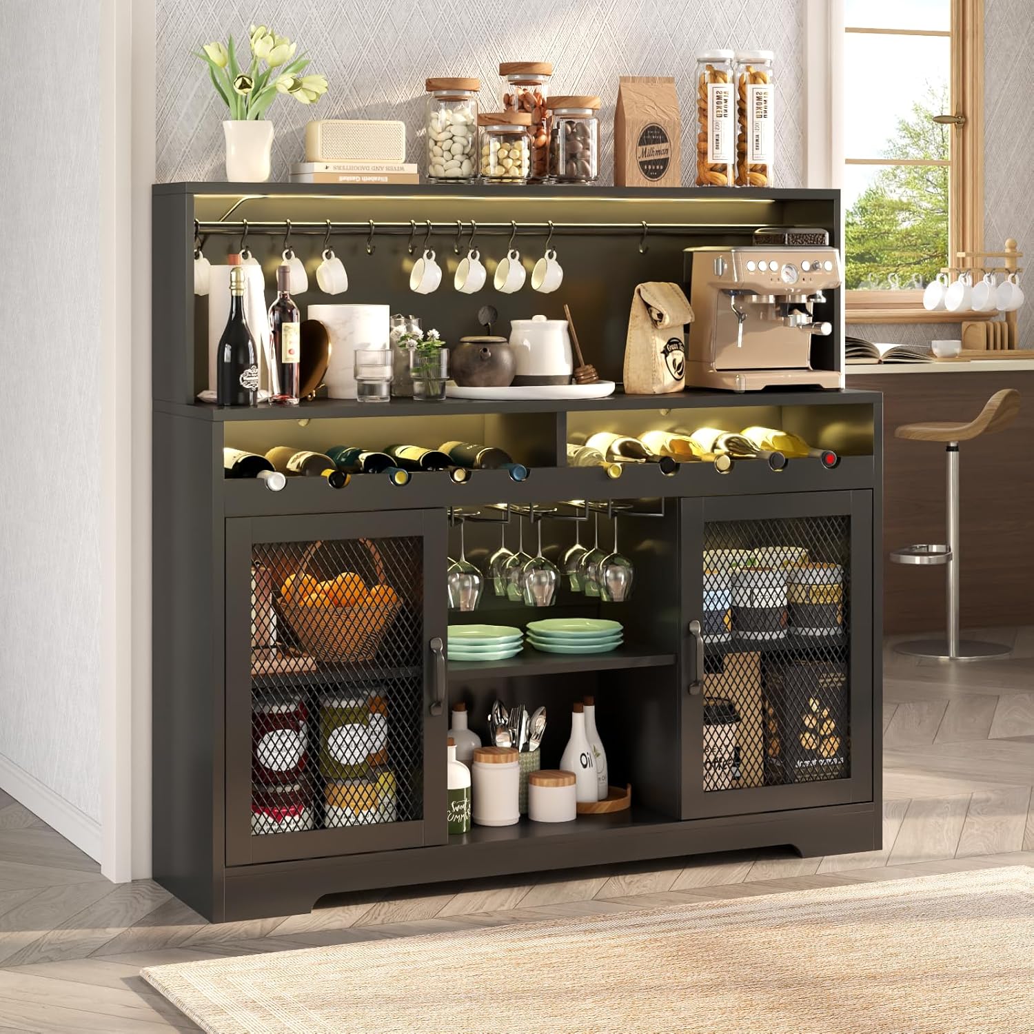 Wine Bar Cabinet with LED Light, Liquor Cabinet with Glass Holder, Coffee Bar for Liquor, Storage Buffet with Wine Racks, Wine Cabinet wourant