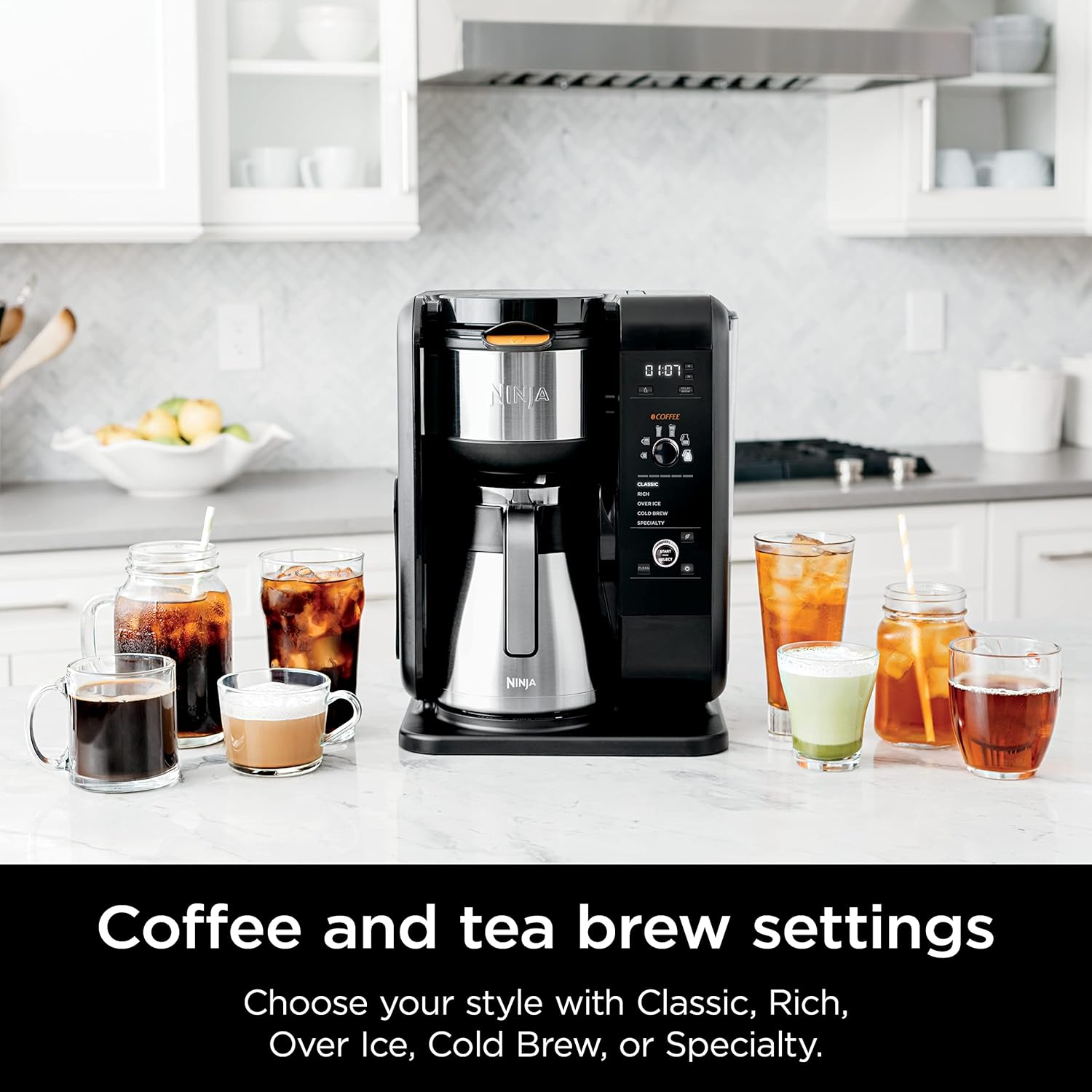 Ninja Hot and Cold Brewed System, Tea & Coffee Maker, with Auto-iQ, 6 Sizes, 5 Styles, 5 Tea Settings, 50 oz Thermal Carafe, Frother, Coffee & Tea Baskets, Dishwasher Safe Parts, Black, CP307 wourant