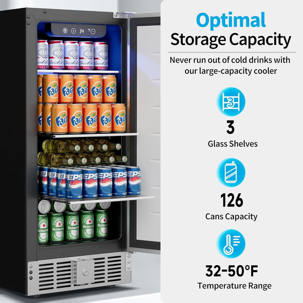 Beverage Refrigerator Cooler - 126 Can Mini Fridge Glass Door for Drinks Soda Beer Wine - Small Refrigerator for Office Bedroom Home Bar, 4 Adjustable Shelves, 3.2 Cu.Ft, Silver wourant
