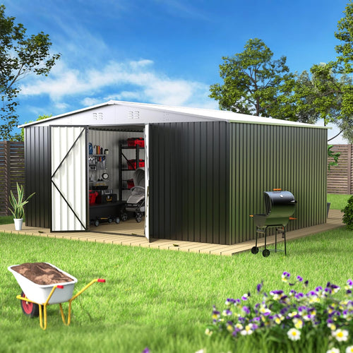 14 x 12 ft Outdoor Storage Shed, Metal Waterproof Storage Shed Steel Utility Garden Tool Shed wourant