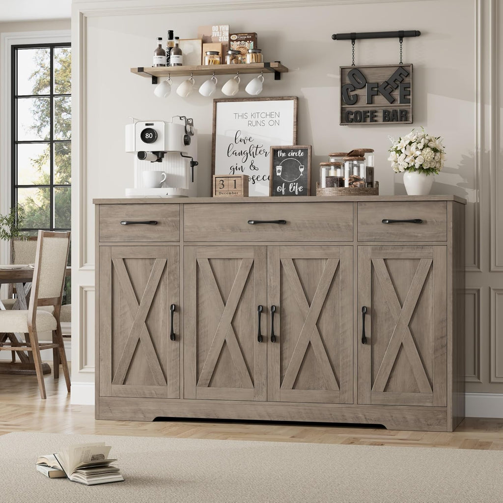 Sideboard with drawers, large 55-inch sideboard, sideboard storage with shelves and doors, modern farmhouse coffee bar wood kitchen dining table wourant
