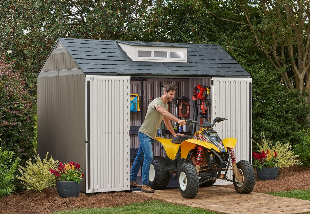 Rubbermaid Resin Outdoor Storage Shed With Floor (7 x 7 Ft) Weather Resistant Gray Organization for Home/Backyard/Garden Tools/Lawn Mower/Bike Storage/Pool Supplies wourant