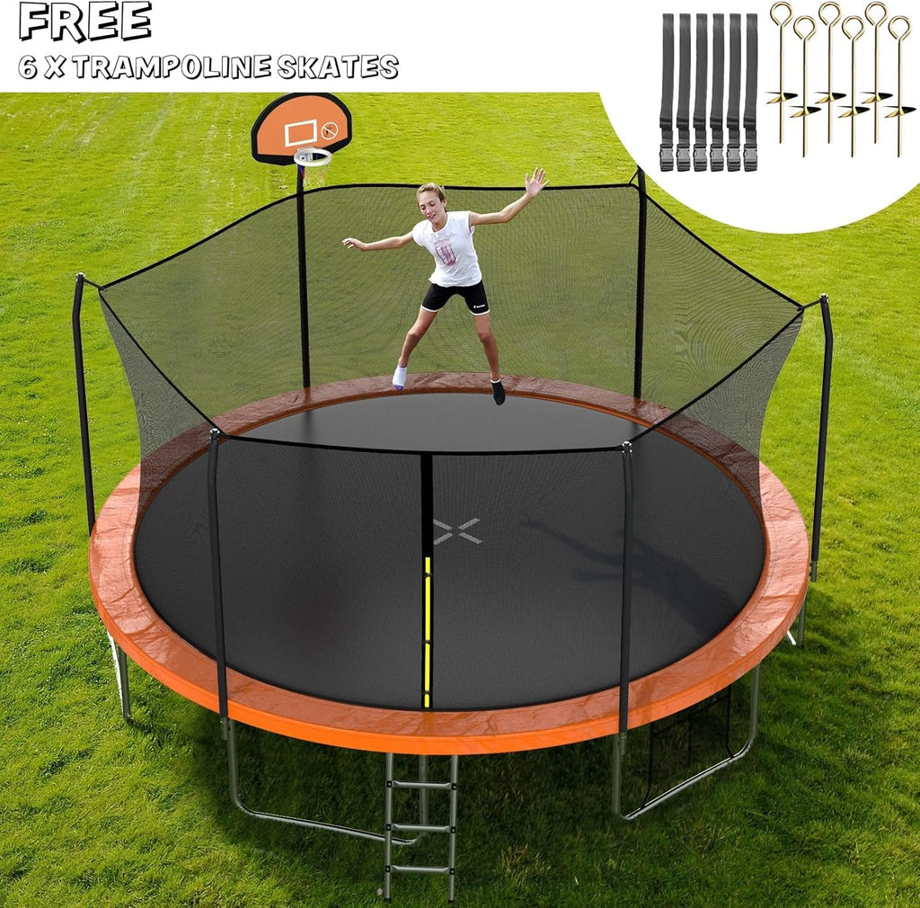 AOTOB 8FT 10FT 12FT 14 FT 15FT Trampoline with Safety Enclosure Net，Outdoor Trampoline with Basketball Hoop, Heavy Duty Jumping Mat and Spring Cover Padding for Kids and Adults, Storage Bag and Ladder wourant