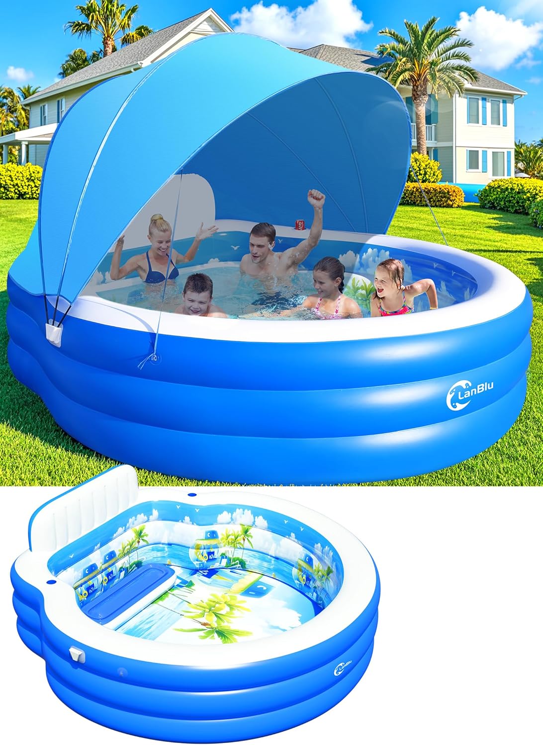 2025 Upgraded Inflatable Pool with Canopy, Inflatable Family Lounge Pool, Round Blow Up Pool for Adult with Bench & Backrest, Swim Center Easy Backyard Pools for Kids & Adults, 92"x92"x26", Blue wourant