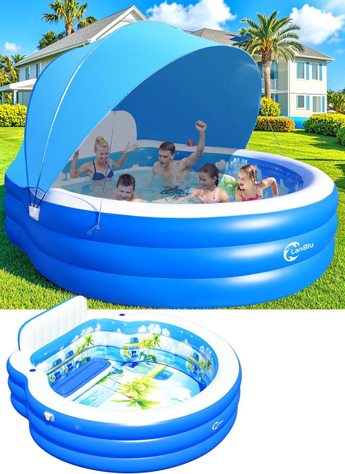 2025 Upgraded Inflatable Pool with Canopy, Inflatable Family Lounge Pool, Round Blow Up Pool for Adult with Bench & Backrest, Swim Center Easy Backyard Pools for Kids & Adults, 92"x92"x26", Blue wourant