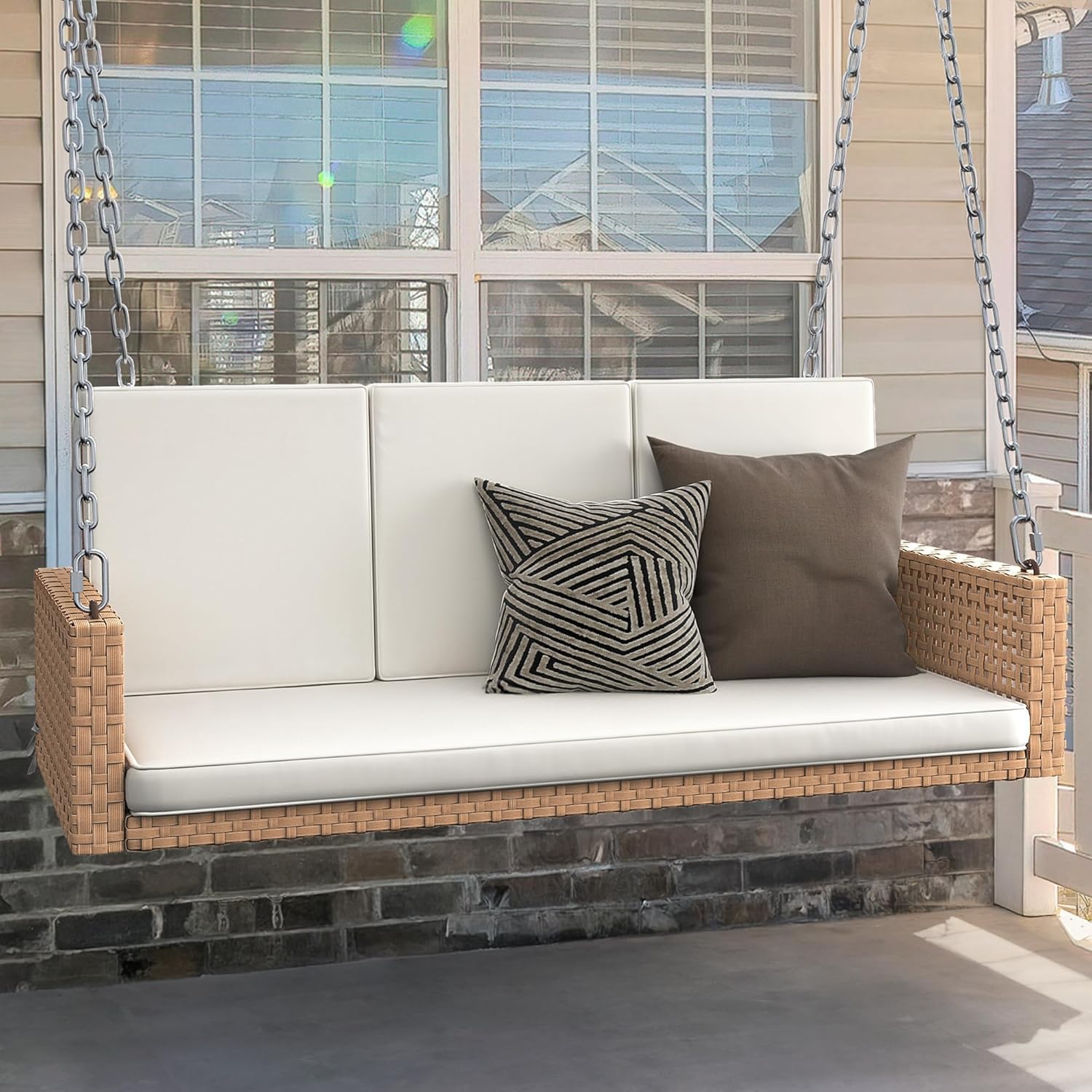 YITAHOME Hanging Porch Swing Chair Sits 3 People, Wicker Outdoor Swing Bench, Patio Lounge Chair, 1 Seating Cushion and 3 Back Cushions, w/Removable Covers, for Garden, Balcony, Backyard, Brown wourant