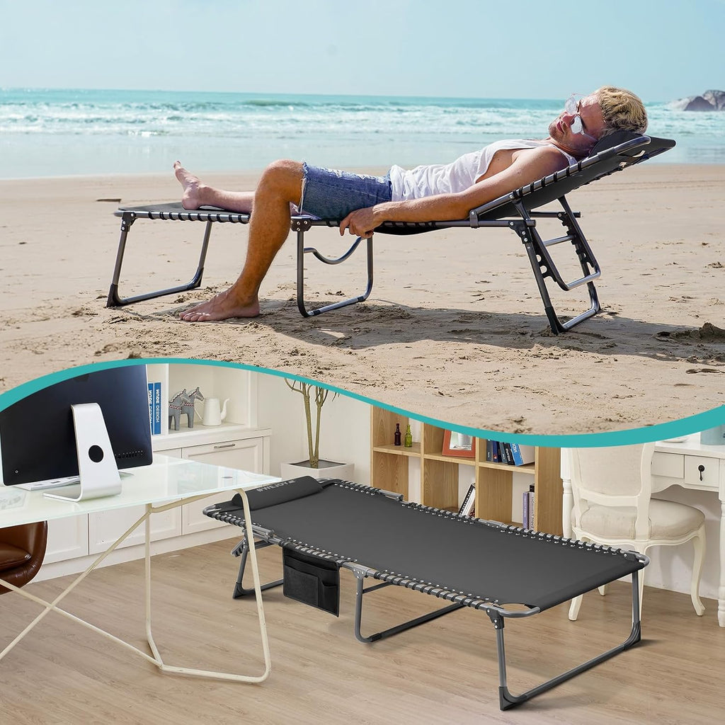 2 Pack Outdoor Chaise Lounge Chair - Portable Folding Patio Pool Lounge Chair, 5 Positions Adjustable Reclining Camping Chair with Side Table,Shoulder Strap, Pillow for Beach Sunbathing Lawn wourant