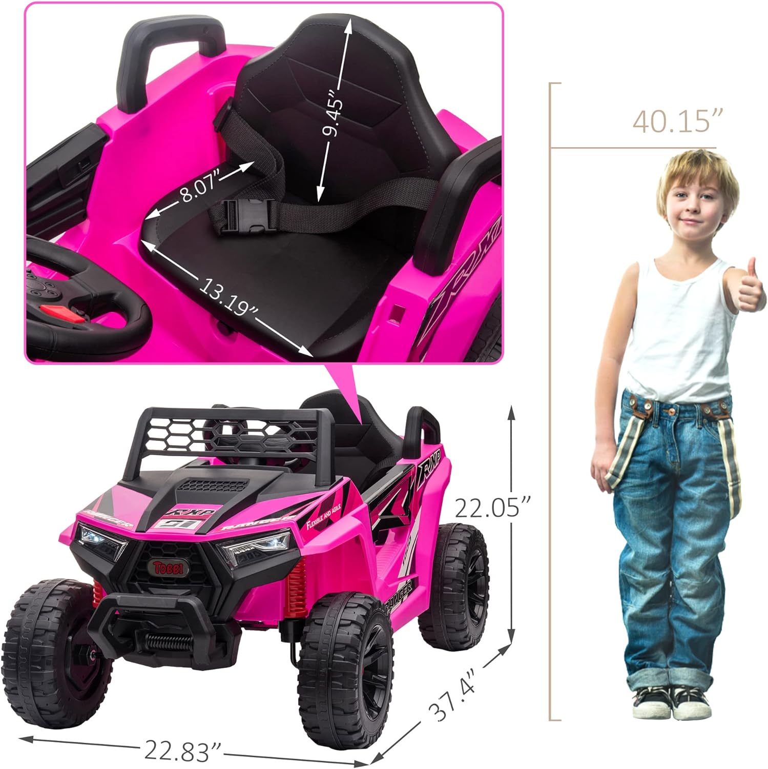 TOBBI 12V Kids Ride on Car, Electric Off-Road UTV Truck with Diverse Functions, Double Open Doors, Safety Belt, Horn, Music, and Lights for Kids Aged 3-5 Years (Rose Red) wourant