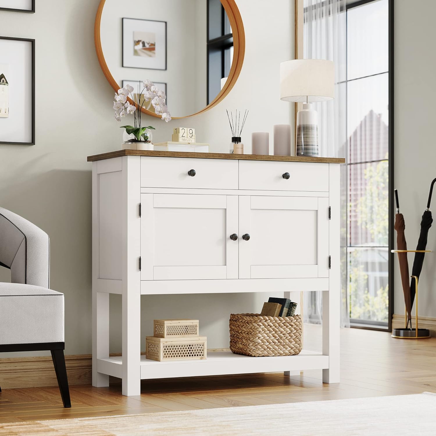 HOSTACK Farmhouse Console Table with 2-Door Cabinet & 2 Drawers, Coffee Bar, Entryway Table with Storage Shelf, Sofa Tables Buffet Sideboard for Kitchen, Hallway, Dining, Living Room, Rustic Brown wourant