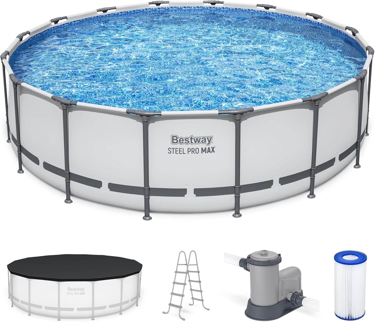 Steel Pro MAX 14 Foot x 48 Inch Round Metal Frame Above Ground Outdoor Swimming Pool Set with 1,000 Filter Pump, Ladder, and Cover, Gray wourant