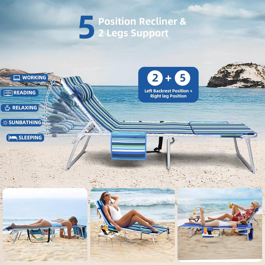 3-in-1 Beach Chair Face Holes Lounge Chair Outdoor with Folding Side Table 5-Position Recliner, Lay Flat Removable Pillow Heavy Duty, Max 330lbs, Poolside, Patio, Camping Backyard Striped Blue wourant