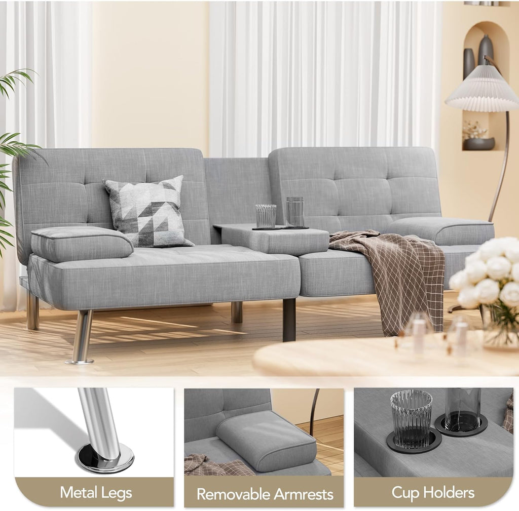 Shahoo Modern Linen Upholstered Convertible Folding Futon Sofa Bed with Removable Armrests wourant