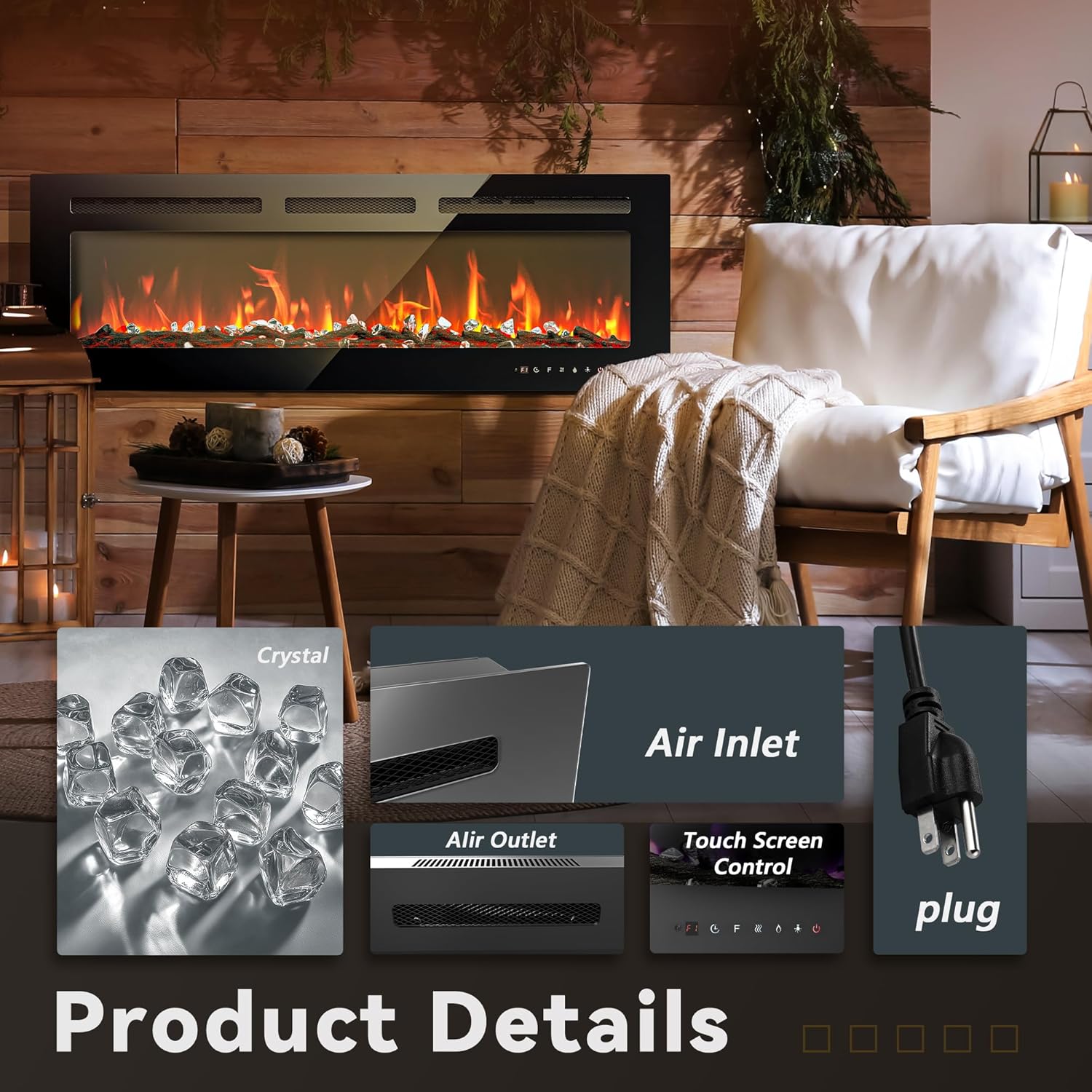 EUHOMY 50 Inch Electric Fireplace Wall Recessed and Wall Mounted with Adjustable Flame Color, Fireplace Heater with Remote Control, Linear Fireplace with Timer, Touch Screen, Log & Crystal, 750/1500W wourant