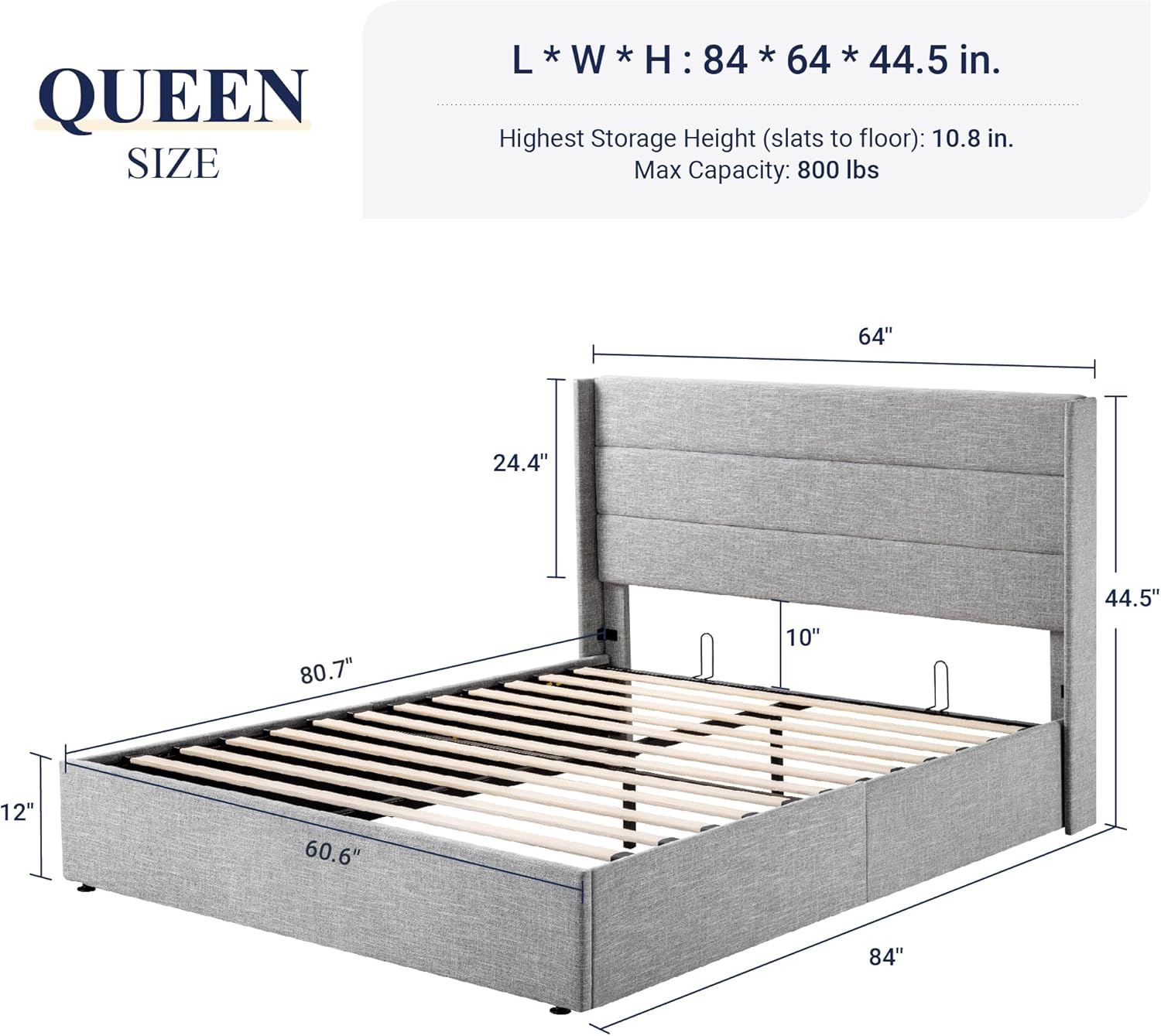 Allewie Queen Size Lift Up Storage Bed Modern Wingback Headboard Hydraulic Support wourant