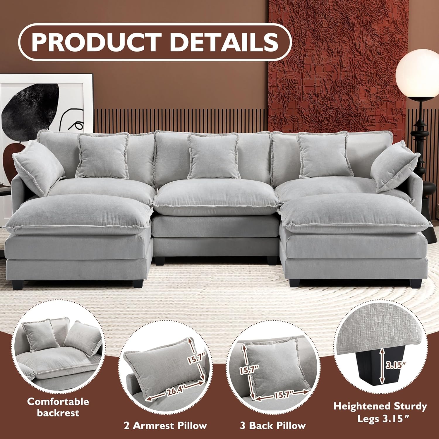 111.4 Inch L-Shaped Modern Sofa Modular Cloud Sofa Ottoman 4-Seater Chenille Deep Seat Sofa wourant