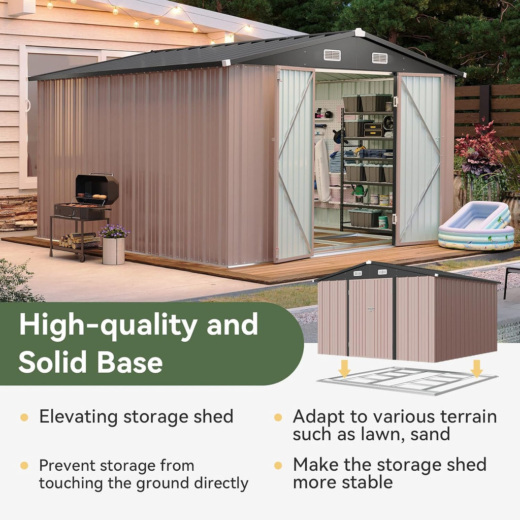 Aoxun 12x10 FT Shed Metal Outdoor Waterproof Storage Shed Steel Utility Garden Tool Shed with Door & Lock Outdoor Storage for Garden Patio Lawn Poolside, Brown wourant