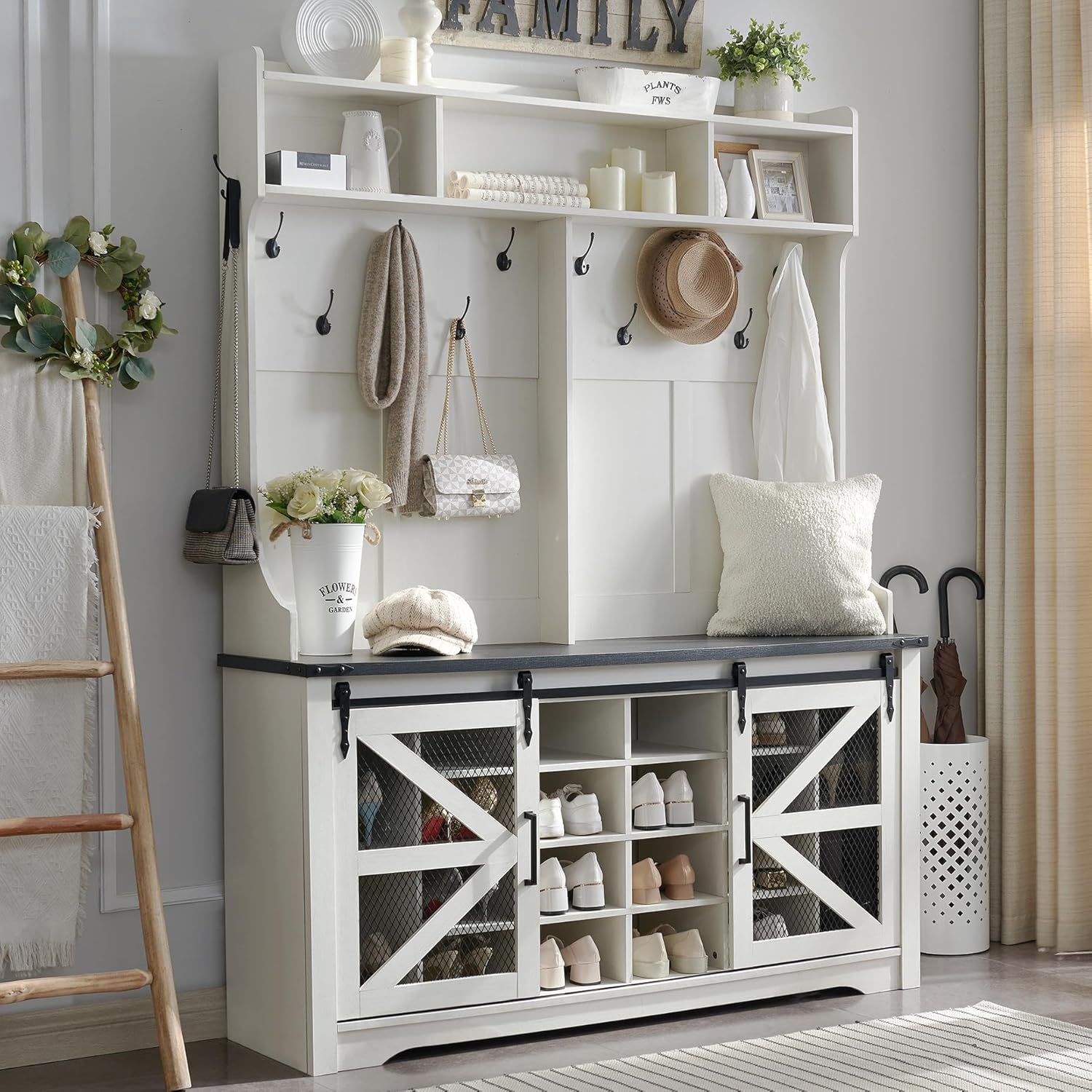 JXQTLINGMU 59-inch Farmhouse Foyer Tree with Shoe Storage, Entryway Bench Foyer Coat Rack Cabinet wourant
