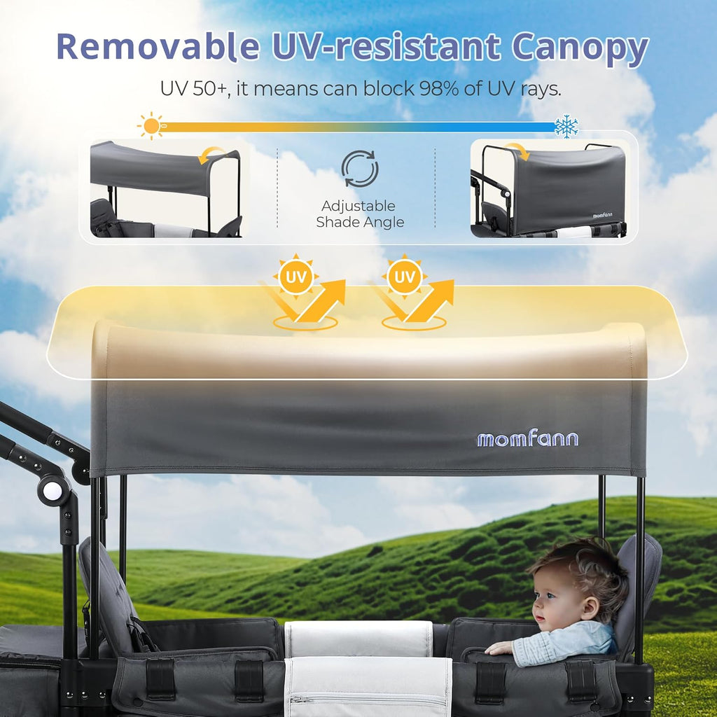 Stroller Wagon for Kids, Wagon Stroller Toddlers 2 Seaters, All-Terrain Baby Wagon Outdoor with Canopy, Parent Organizer, Adjustable Handle & Pull Bar for Infants and Toddlers, Gray wourant