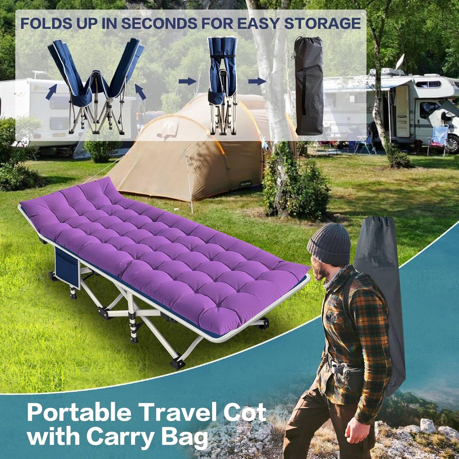 2 Pack Camping Cot with Mattress Comfortable Cot Bed Folding Cot Heavy Duty Cots for Sleeping with Carry Bag for Adults Kids Guest Bed Outdoor Indoor Home wourant