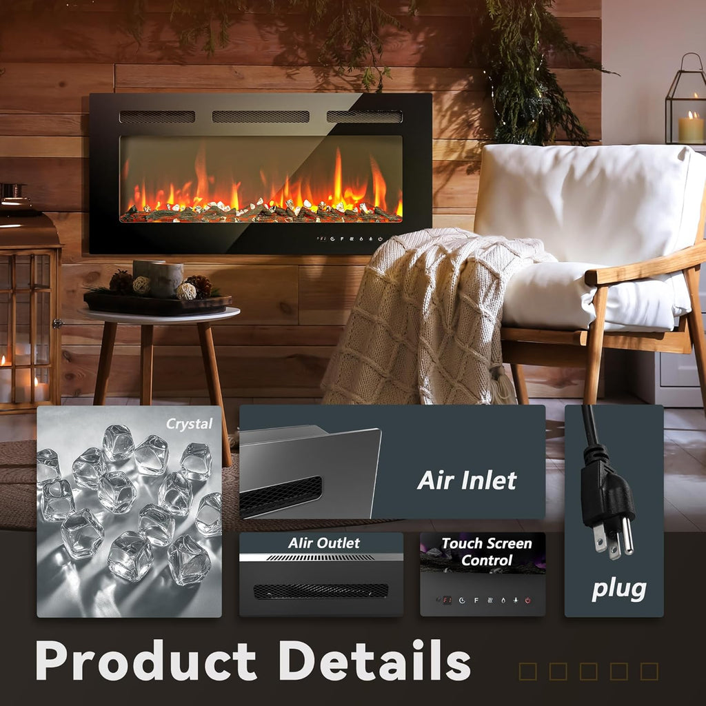 EUHOMY 50 Inch Electric Fireplace Wall Recessed and Wall Mounted with Adjustable Flame Color, Fireplace Heater with Remote Control, Linear Fireplace with Timer, Touch Screen, Log & Crystal, 750/1500W wourant