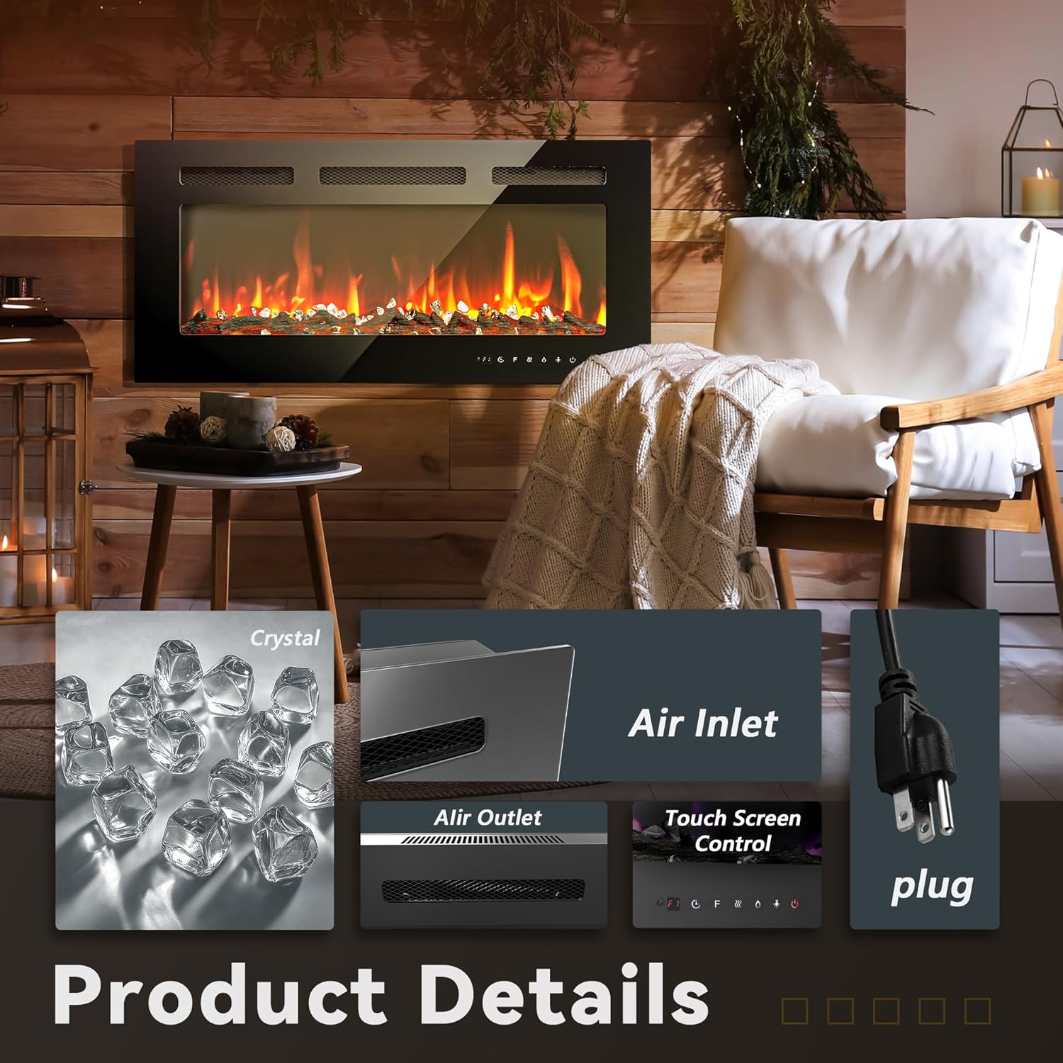 EUHOMY 50 Inch Electric Fireplace Wall Recessed and Wall Mounted with Adjustable Flame Color, Fireplace Heater with Remote Control, Linear Fireplace with Timer, Touch Screen, Log & Crystal, 750/1500W wourant