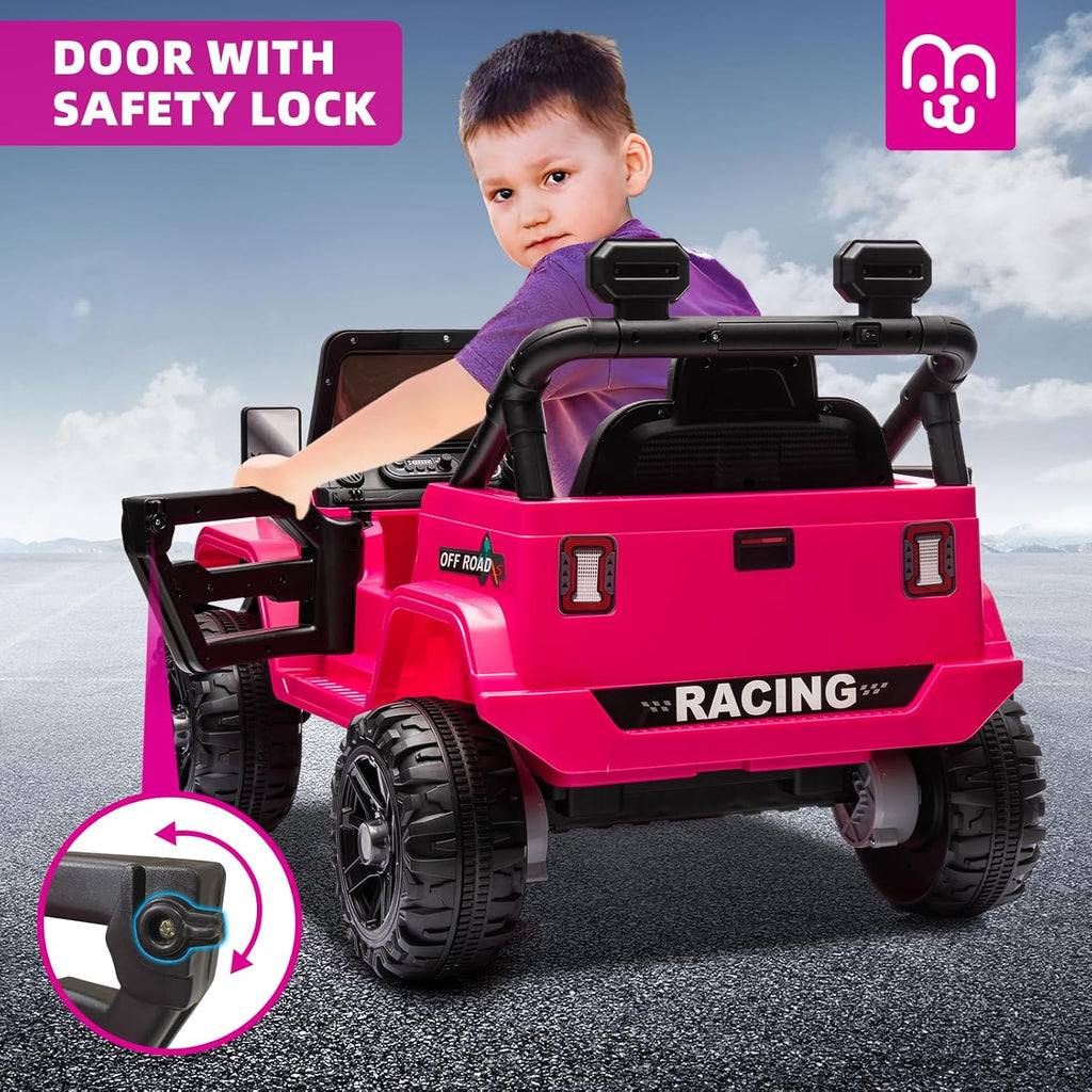 12V Kids Electric Ride on Truck Car Remote Control, Twin 35W Motors 3.5MPH Max Speed, Bluetooth USB Music Player, 4 Wheels Suspension LED Lights Safety Belt, Gift for Boy & Girl-Rosy wourant