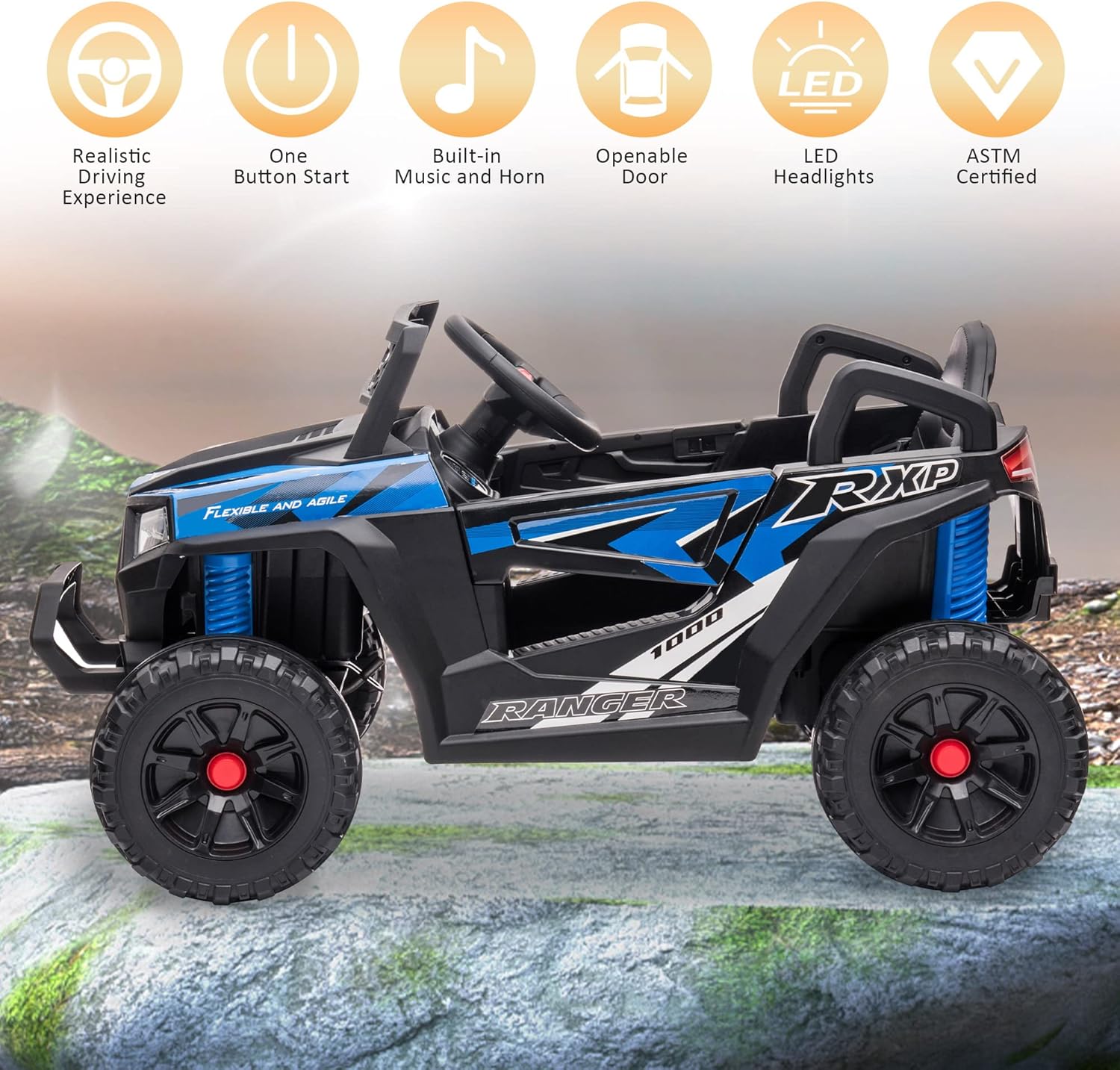 TOBBI 12V Kids Ride on Car, Electric Off-Road UTV Truck with Diverse Functions, Double Open Doors, Safety Belt, Horn, Music, and Lights for Kids Aged 3-5 Years (Rose Red) wourant