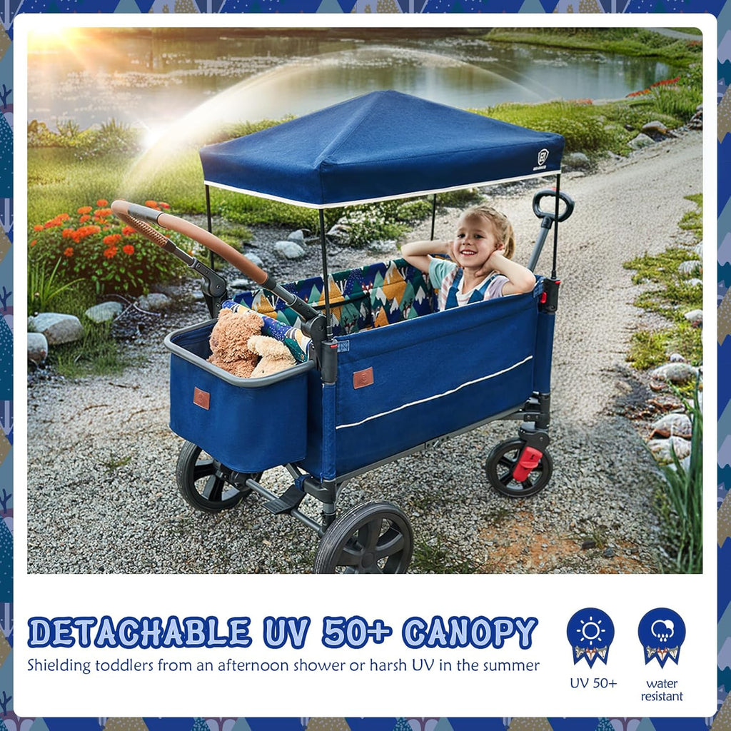 EVER ADVANCED Side-unzip Wagon Stroller for 2 Kids, Push Pull Stroller with Adjustable Handle, Easy Access Front Zipper Door, 5-Point Harness Removable UV-Protection Canopy Shock-Absorbing Wheels,Grey wourant