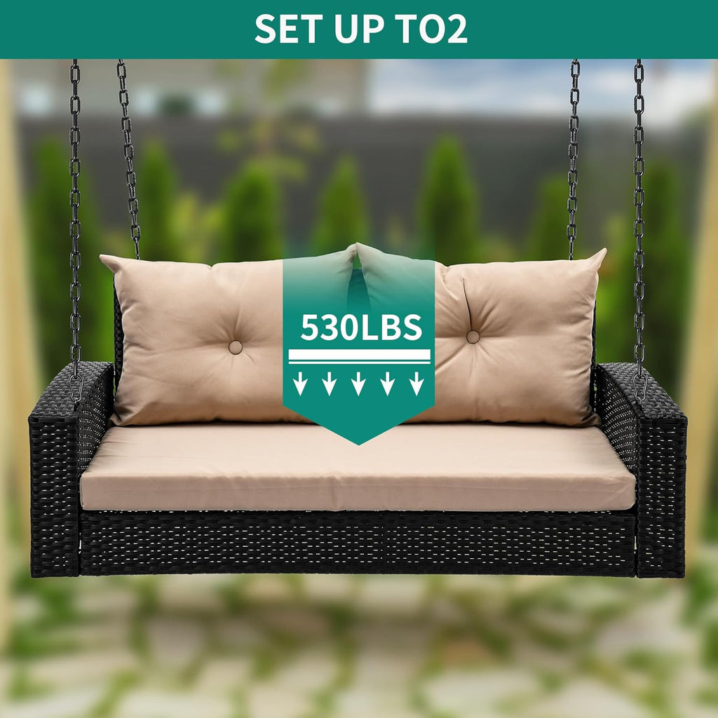 YITAHOME Hanging Porch Swing Chair Sits 3 People, Wicker Outdoor Swing Bench, Patio Lounge Chair, 1 Seating Cushion and 3 Back Cushions, w/Removable Covers, for Garden, Balcony, Backyard, Brown wourant