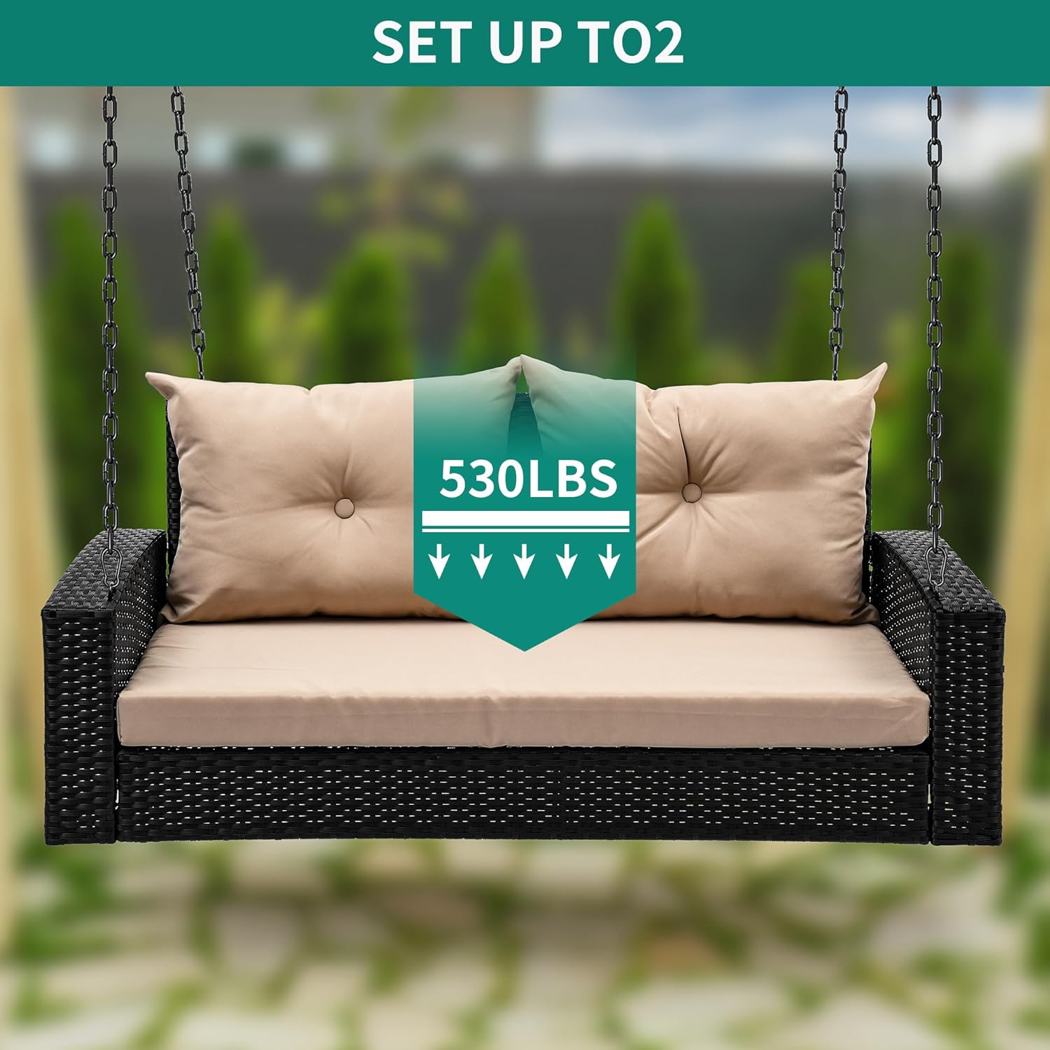YITAHOME Hanging Porch Swing Chair Sits 3 People, Wicker Outdoor Swing Bench, Patio Lounge Chair, 1 Seating Cushion and 3 Back Cushions, w/Removable Covers, for Garden, Balcony, Backyard, Brown wourant
