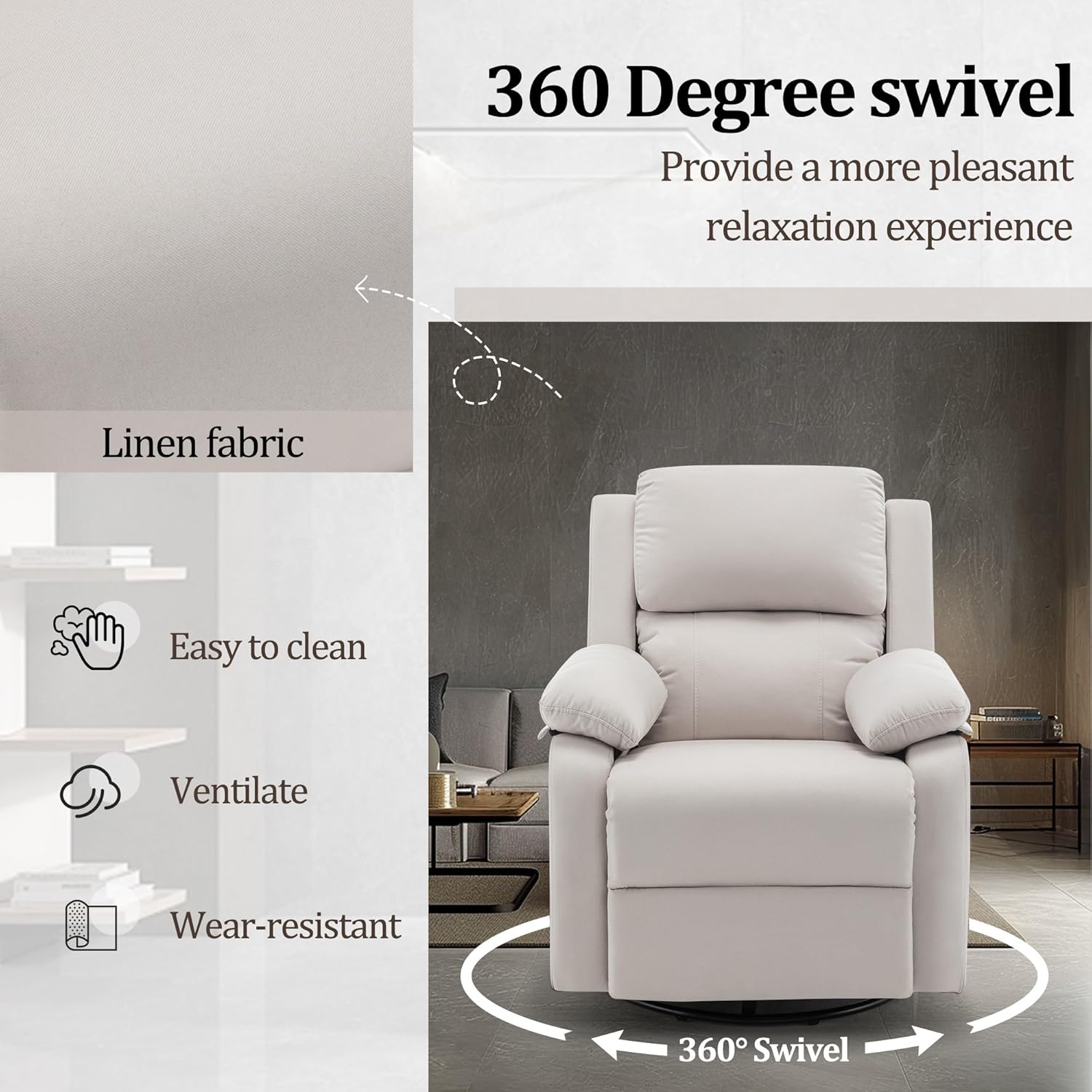 Reclining rocking chair 360 degree rotating fabric sliding reclining chair wourant
