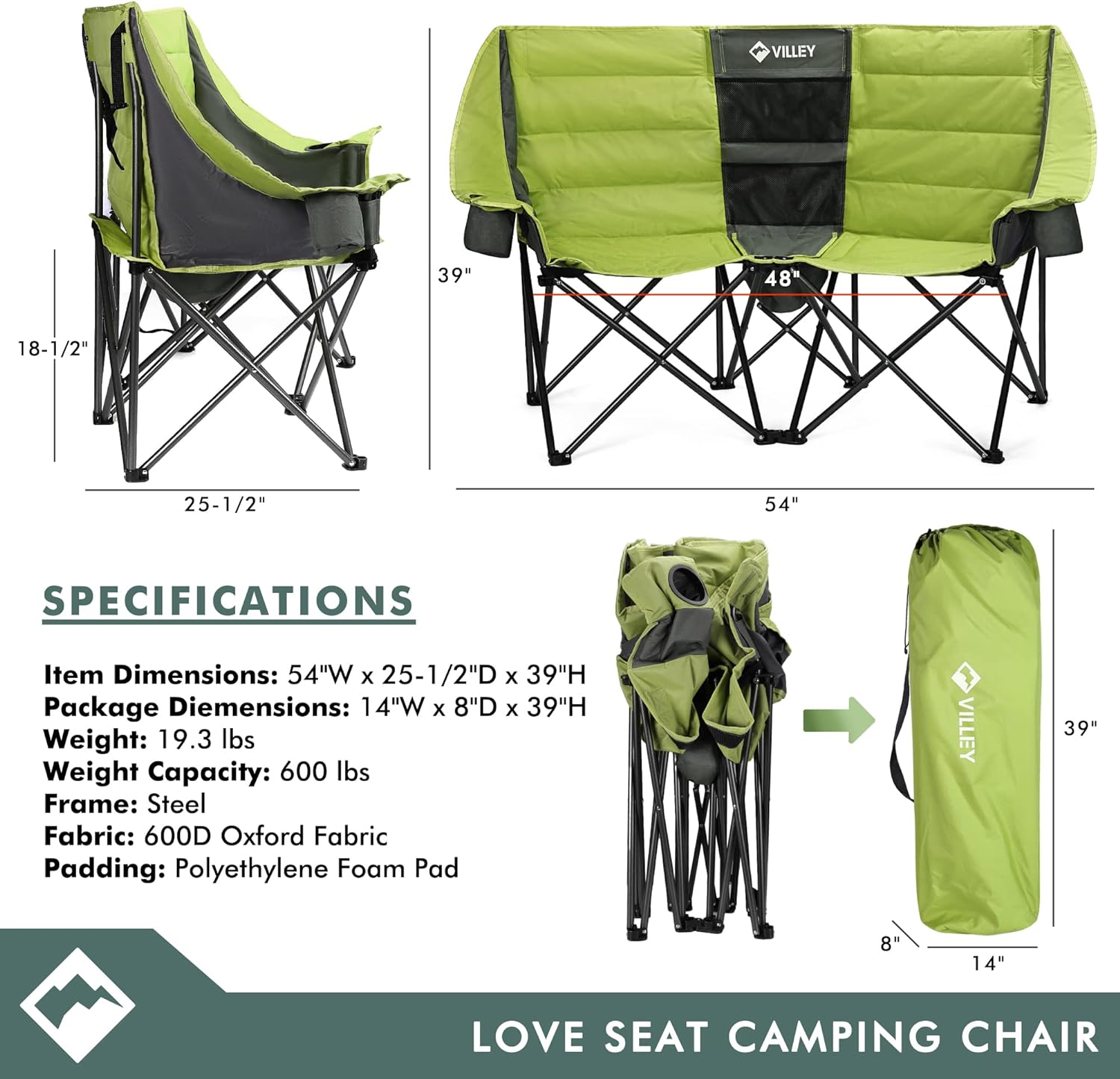 Double camping chair (with cooler bag), extra wide love seat, heavy duty padded camping sofa, portable folding chair wourant