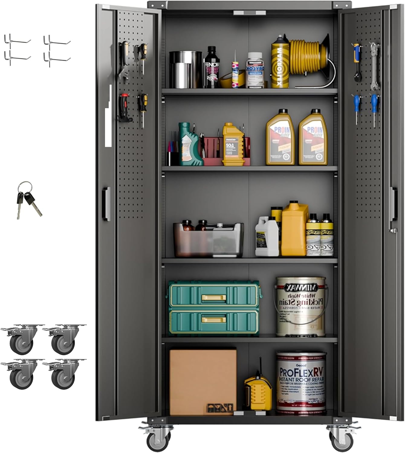 Aobabo 73''H Metal Garage Storage Cabinet with Wheels,Steel Cabinets with 2 Doors and 4 Adjustable Shelves for Home Office,Required Assembly,Black wourant
