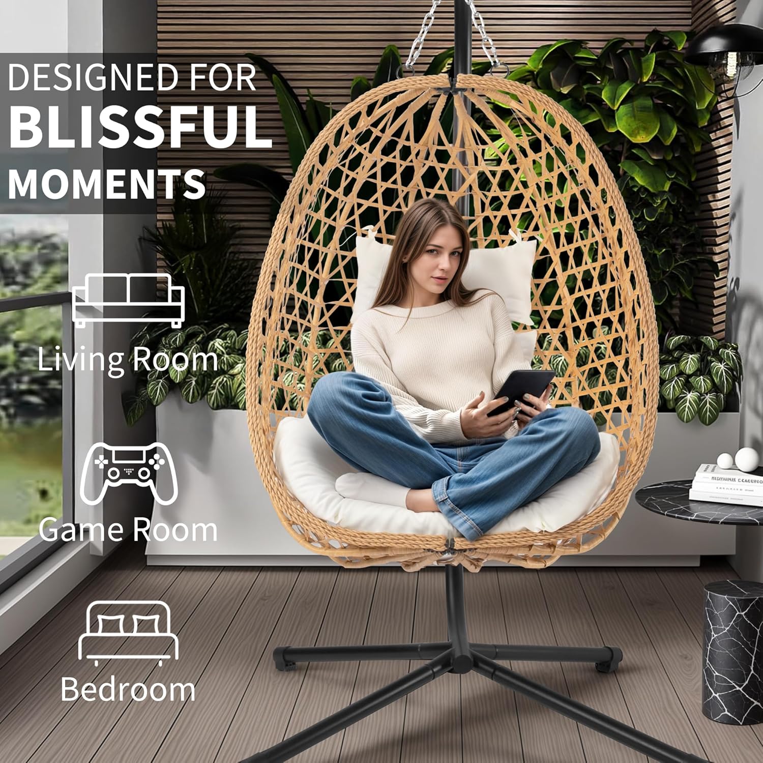 Egg Chair with Stand Patio Wicker Hanging Chair Hammock Swing Chair 350LBS Capacity wourant