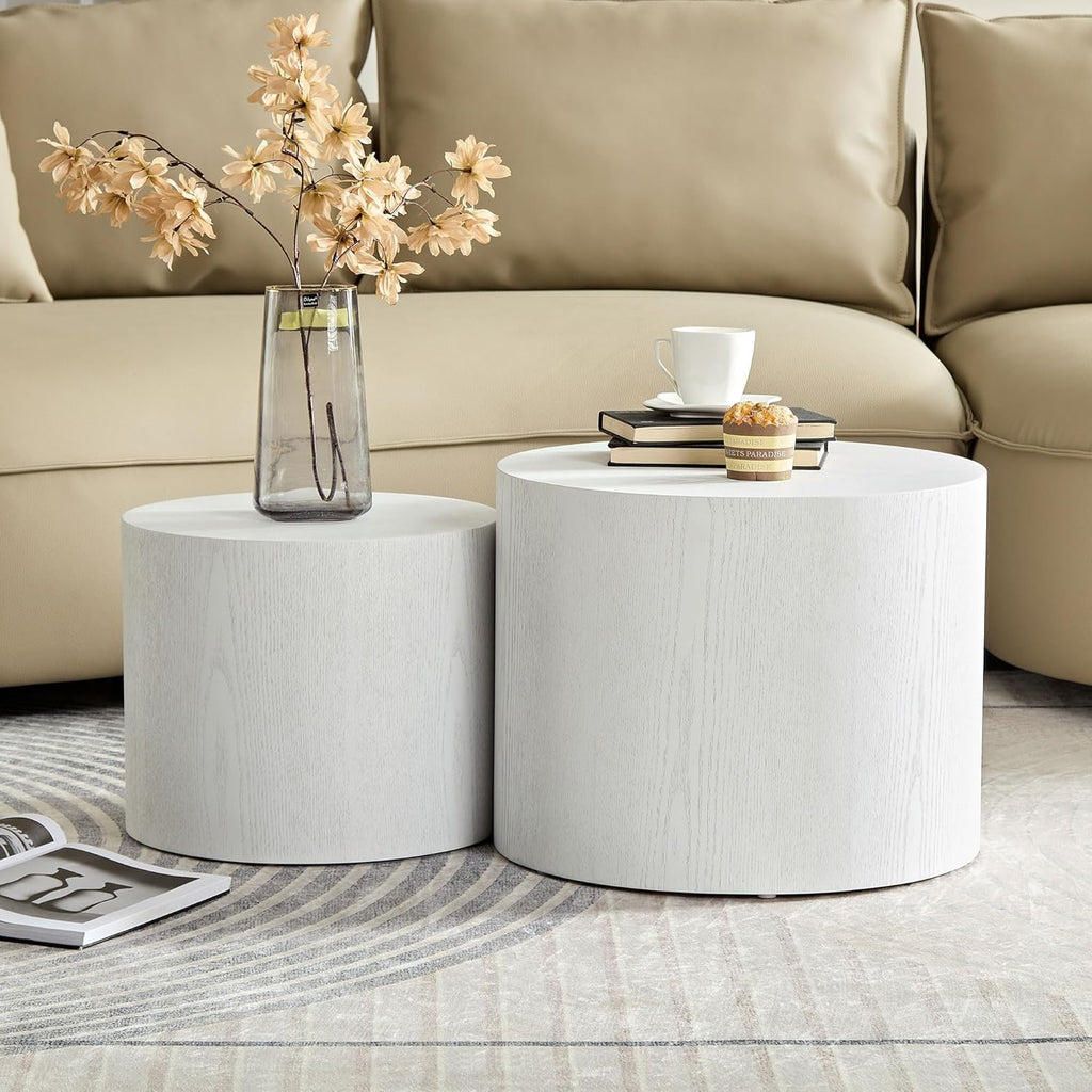 Nesting Coffee Table Set of 2, Modern Round Coffee Table with Non-Slip Feet, Walnut Wooden Circle Accent Tables for Small Spaces Living Room Bedroom Balcony Office Drum Side Table (Walnut) wourant