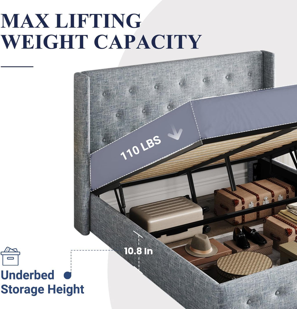 Allewie Queen Size Lift Up Storage Bed Modern Wingback Headboard Hydraulic Support wourant