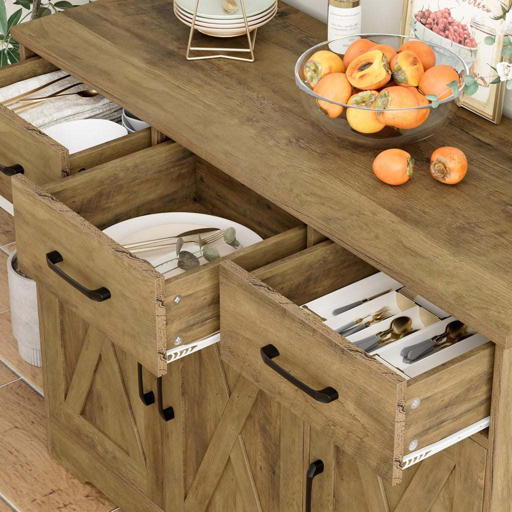 Modern farmhouse sideboard, barn door buffet storage cabinet with drawers and shelves, wooden coffee bar with storage wourant